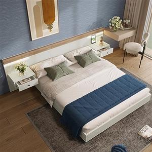 Oxtao Set completo per camera da letto, 160 x 200 cm, letto matrimoniale con 2 cassetti, comodini, porte USB di tipo C e comodini LED inclusi, letto in legno (con comodino), 160 x 200 cm