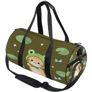 GuoChe Borsone sportivo rotondo leggero con tasca interna borsa da palestra per uomo donna borsone per viaggi sport Kawaii rana e gatto cappello rana retrò anni '90 Cottagecore