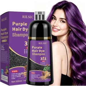 RILSIC Shampoo Capelli Neri per Capelli Grigi, 500 ml Hair Dye 3 in 1, Colore Naturale, Shampoo Colorante Bianchi Istantaneo, Colorante Tintura per Uomini Donne (Viola)