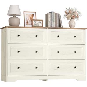 VASAGLE SIREN Collezione - Cassettiera, Mobile Contenitore con Cassetti, Stile Rustico, Organizzatore Versatile, 6 Cassetti, 40 x 120 x 78 cm, Bianco Vintage e Marrone Miele LTS663WJ01