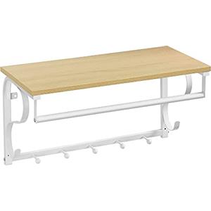 VASAGLE Appendiabiti da Parete con Mensola, Attaccapanni con Barra, 5 Ganci Appendini, Stile Moderno, per Corridoio, Bagno, Soggiorno, Colore Rovere e Bianco LCR11WY