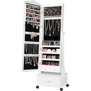 SONGMICS LED Portagioie Armadio per Gioielli con Specchio con Base a Cassettiera a Rotelle Girevoli cassetto scorrevole di grandi JBC61W
