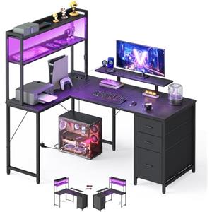VASAGLE Scrivania Angolare, Scrivania da Gaming con Prese e Porte USB, Luci LED, 3 Cassetti, Supporto per Monitor, 140 x 100 x 150 cm, Nero, Collezione BARNET LWD162B101