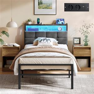 VASAGLE Struttura Letto Singolo in Acciaio, con Luci LED e Prese, 218,3 x 90,5 x 104,5 cm, Nero Opaco, Testiera Imbottita, Spazio Sotto il Letto, Collezione Conner RMB122G101