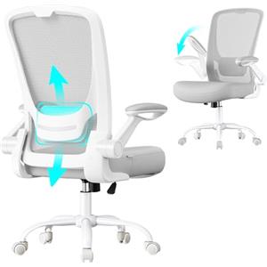 SONGMICS Sedia da Ufficio Girevole, Sedia di Rete da Computer Ergonomica, Supporto Lombare, Oscillante, Seduta 53 cm, Braccioli Pieghevoli, Grigio Tortora OBN037G02