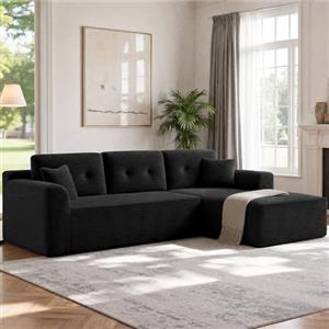VASAGLE Divano Angolare a 3 Posti, Velluto a Coste, con Penisola Destra, Seduta Profonda, 242 x 152 x 73 cm, Nero, per Soggiorno, Collezione CAMILA LCS184B101