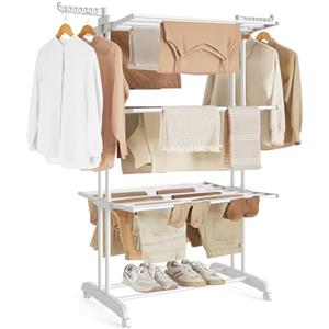 SONGMICS Stendibiancheria, Stendino Pieghevole a 4 Livelli, con Ruote e Ali Richiudibili, 63,5 x 128 x 173 cm, Capiente, Uso Interno ed Esterno, Bianco Nuvola LLR701W03