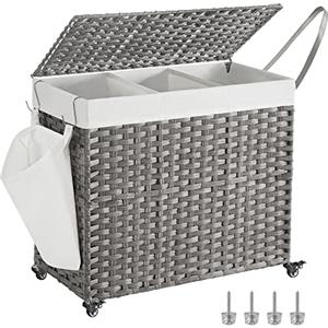 SONGMICS Cesto Portabiancheria con Coperchio, 160L, Cesta Biancheria in Rattan Sintetico con Ruote, 3 Scomparti, Sacco Rimovibile, Lavanderia Camera da Letto, 70 x 36 x 66 cm, Grigio LCB365G01