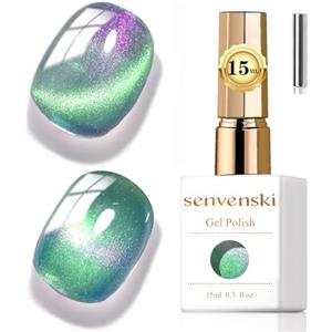 Senvenski Gelatina Vetro Cat Eye Smalto Semipermanente, 15ML Occhi di Gatto Magnetica per Gel Unghie Kit Olografico Glitterato Cristallo Smalti Unghie Salon Home DIY (Verde Viola, 15ml)
