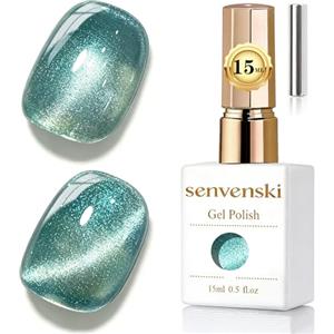 Senvenski Gelatina Vetro Cat Eye Smalto Semipermanente, 15ML Occhi di Gatto Magnetica per Gel Unghie Kit Olografico Glitterato Cristallo Smalti Unghie Salon Home DIY (Stella Verde, 15ml)