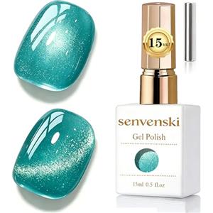 Senvenski Gelatina Vetro Cat Eye Smalto Semipermanente, 15ML Occhi di Gatto Magnetica per Gel Unghie Kit Olografico Glitterato Cristallo Smalti Unghie Salon Home DIY (Marte Verde, 15ml)