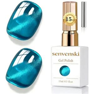 Senvenski Gelatina Vetro Cat Eye Smalto Semipermanente, 15ML Occhi di Gatto Magnetica per Gel Unghie Kit Olografico Glitterato Cristallo Smalti Unghie Salon Home DIY (Teal, 15ml)
