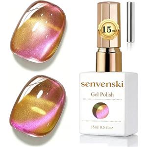Senvenski Gelatina Vetro Cat Eye Smalto Semipermanente, 15ML Occhi di Gatto Magnetica per Gel Unghie Kit Olografico Glitterato Cristallo Smalti Unghie Salon Home DIY (Rosa Oro, 15ml)