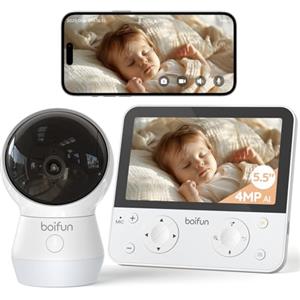 Boifun Baby Monitor 5.5'' Video Audio con Telecamera 4MP 360° Zoom 4X, WiFi, App controllo fuori casa, AI Intelligente, Audio Bidirezionale, Temperatura & Umidità, Luce Notturna, SD, Batteria 4000mAh