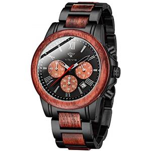 VICVS orologio da uomo in legno e acciaio inossidabile, cronografo 3 quadranti cronografo al quarzo per il tempo libero orologio da uomo multifunzione in legno, fatto a mano (Sandalwood)