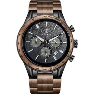 VICVS orologio da uomo in legno e acciaio inossidabile, cronografo 3 quadranti cronografo al quarzo per il tempo libero orologio da uomo multifunzione in legno, fatto a mano (walnut Alrakis)