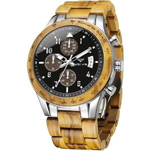 VICVS orologio da uomo in legno e acciaio inossidabile, cronografo 3 quadranti cronografo al quarzo per il tempo libero orologio da uomo multifunzione in legno, fatto a mano (live unheimlich)