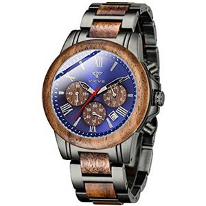 VICVS orologio da uomo in legno e acciaio inossidabile, cronografo 3 quadranti cronografo al quarzo per il tempo libero orologio da uomo multifunzione in legno, fatto a mano (walnut)