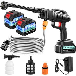 papasbox Rondella ad alta pressione a batteria 100 Bar 270 L/H Idropulitrice Potente Pistola portatile con 2 batterie 21V 3000mAh per auto terrazza 6 in 1 ugello 5m tubo