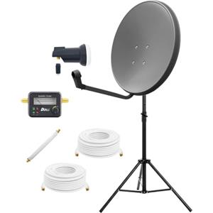 ARLI Impianto satellitare da 60 cm, grigio, con treppiede LNB singolo, finder satellitare, cavo da 3 m, cavo da 7 m, passacavo per finestra, parabola satellitare, campeggio, balcone, giardino