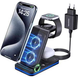 MANKIW 3 in 1 Stazione Ricarica per iPhone 17/16/15/14/13/12/XS/X/8 serie,MANKIW Caricabatterie Wireless per i-Watch 11-2 serie, per Air Pods 3/4/Pro 2