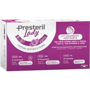 LADY PRESTERIL Presteril Lady - Kit Mamma Post Parto Cotone Ipoallergenico - 42 Pezzi | 12 assorbenti post parto, 10 assorbenti notte con ali, salvaslip, cotone dentro e fuori, biodegradabile, anti-irritazioni