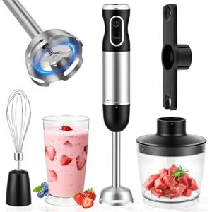 Gaethra Mixer Immersione 4-In-1, 1000 W Frullatore Tritatutto Multifunzione, 12 Velocità, con Frusta e Tritatutto da 500 ml e Misurino da 700 ml per Frullati, Zuppe, Salse, Yogurt, Alimenti Bambini