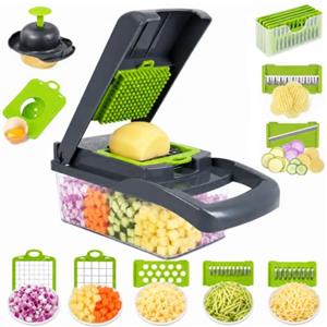 Carehabi Mandolina per Verdure, 7 Lame, Contenitore 1,5 L, Set 13 Pezzi | Taglio cubetti julienne grattugia, Due misure per cubetti, Cestello scolapasta integrato, Protezione mani e forchetta pulizia