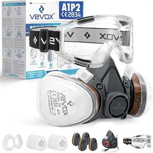 VEVOX® Maschera respiratoria con filtro A1P2 - Protezione da gas, vapori e polveri sottili - Ideale per verniciatura, levigatura e lavori edili - Con 20 filtri P2 antiparticolato e 4 A1 antigas