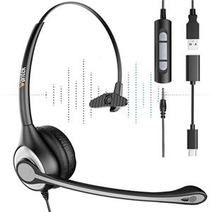 Wantek Cuffie con Microfono, 3.5mm/USB/Type-C Cuffie con Microfono di cancellazione del rumore per Computer Portatili Tablet Smartphone Conferenze Online, Mono