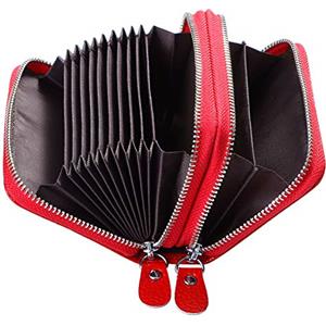 flintronic Porta Carte di Credito Pelle, RFID Blocco Piccolo Portafogli 12 Slot per Schede Carta di Credito Titolare con Cerniera, Rosso