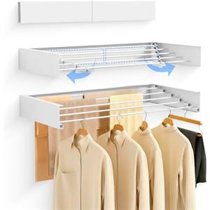 JUPPLIES Stendibiancheria da Parete Pieghevole Retrattile 100 cm - Stendino a Muro Salvaspazio Richiudibile per Interno o Esterno - 5 Barre in Alluminio Antiruggine fino a 30 kg di Capacità (Bianco)