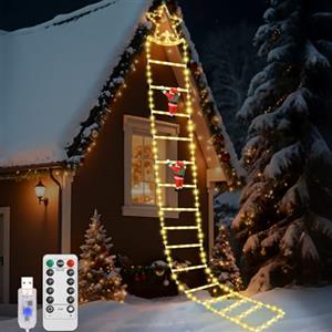 Lewondr Decorazioni Natalizie Luci LED a Scala, 3 m Luci Decorative Natalizie con 2 Babbo Natale, 298 LED 8 Modalità Telecomando, Decorazione per Albero di Natale Interno Esterno, Bianco Caldo
