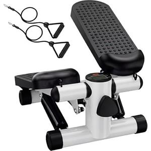 Fitby Mini Stepper Fitness con Bande di Resistenza e Schermo LCD - Stepper Scala Compatta ad Altezza Regolabile, Pedali Antiscivolo Carico Massimo 100 Kg, Bianco