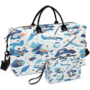 LINNIKEEEE Cartone Animato Pirata Blu Mare Bianco Borsone da Viaggio Borsa da Palestra Borsa da Weekend con Borsa da Toilette per Ragazze Uomin