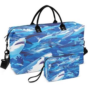 LINNIKEEEE Mare Degli Squali Blu Borsone da Viaggio Borsa da Palestra Borsa da Weekend con Borsa da Toilette per Ragazze Uomin