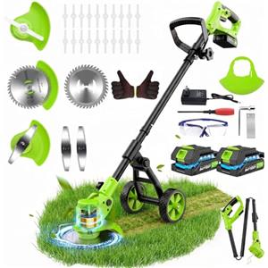 Lemolifys Decespugliatore a Batteria da 21V, TelescopicoTagliabordi a Batteria Decespugliatore Elettrico con 2 2Ah Batterie, Ruote di Rimovibili, 3 Tipi di Lame per Il Taglio Di Giardini Prati