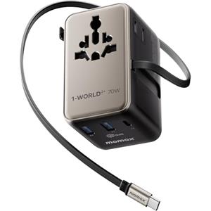 MOMAX Adattatore da viaggio universale da 70 W con cavo estensibile, spina da viaggio universale con 2 prese CA, 2 porte USB A e 2 porte USB C, adattatore da viaggio internazionale - Oro