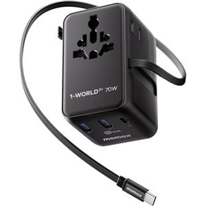 MOMAX Adattatore da viaggio universale da 70 W con cavo estensibile, spina da viaggio universale con 2 prese CA, 2 porte USB A e 2 porte USB C, adattatore da viaggio internazionale - Nero