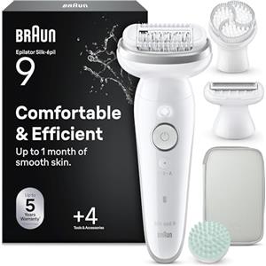 Braun Silk Epil 9 SkinSpa, Epilatore Con Testina Flessibile, Rasoio Elettrico Donna, Wet&Dry, Pelle Liscia A Lungo, Spazzola Esfoliante, Accessorio Massaggiante, Testina Radente, Cappuccio Regolatore