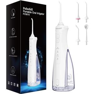 Pulsefell Idropulsore Dentale Portatile Ricaricabile, 300 ML Water Flosser Senza Fino a USB con 4 Gettoni e 4 Modalità, Impermeabile IPX7 per Casa e Viaggio (Bianco)