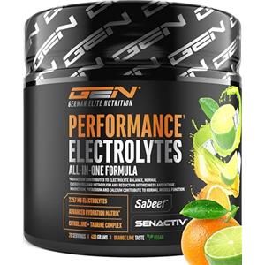 GEN GERMAN ELITE NUTRITION Performance Electrolytes - 400 g (20 Porzioni) - Advanced Hydration Matrix con Sodio, Potassio, Magnesio, Calcio e Cloruro - con Citrullina e Taurina - Senza Zucchero - Vegano - Gusto Arancia Lime