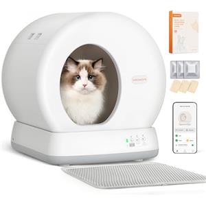 MeoWant Lettiera Gatto Autopulente, 57,6L Lettiera Automatica per Gatti con Sacchi Spazzatura e Tappetini Gatti per Multi Gatto, Isolamento Odori, Pulizia Facile, Comando APP