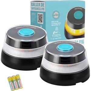 MAGIC SELECT 2x Luce di Emergenza V16 DGT 3.0 Omologata con Geolocalizzazione per Segnalazione Stradale, Auto e Moto, Luce Arancione Lampeggiante 360º, Base Magnetica, Include 6 Batterie AA
