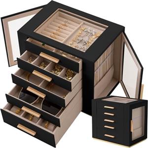 Granbest - Portagioie a 5 piani con coperchio in vetro, organizer per gioielli ad alta capacità con cassetti e specchio, portagioie in similpelle PU per collane, orecchini, anelli, bracciali (nero)