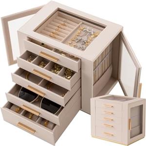 Granbest Portagioie a 5 livelli con coperchio in vetro, organizer per gioielli ad alta capacità con cassetti e specchio, portagioie in PU per collane, orecchini, anelli, bracciali (beige)