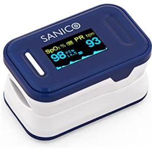 SANICO Pulsossimetro da Dito - Dispositivo Compatto per Misurare: Frequenza Cardiaca, Indice di Perfusione e Ossigeno nel Sangue SpO2 - Display a Colori a 6 Orientazioni, Autoarresto, Batterie Incluse