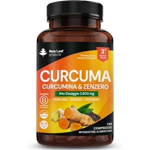 NEW LEAF PRODUCTS New Leaf - Compresse di curcuma da 2600 mg con pepe nero e zenzero, 95% estratto di curcumina, 180 compresse (3 mesi), integratori attivi ad alta resistenza alla curcuma, non in capsule di curcuma