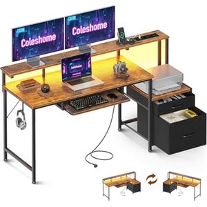 Coleshome Scrivania Gaming con LED e Prese, 140x48cm Scrivania con 2 Cassetti, Tavolo Computer Reversibile con Supporto Monitor e Vassoio per Tastiera Ufficio Casa, Marrone