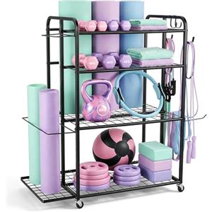 BugyKido Supporto per manubri a 4 livelli, multifunzionale, regolabile, con ruote, fondo allungato e gancio, ogni ripiano supporta 45 kg, per palestra, per manubri, kettlebell, blocco yoga